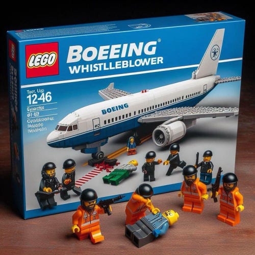 A fake LEGO Boeing Whistleblower set. It shows a LEGO plane bearing the BOEING logo. In front ot it are armed LEGO people and some workers killing a manager. Next to the front wheel of the plane lies a dead manager. Some blood is spilled on the ground.

This image is obviously artificially generated. It contains the usual, though subtle, reality consistence errors.