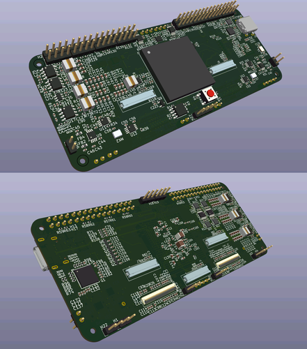 A 3D render of a circuit board both front and back, rendered by KiCad. 3D models from KiCad, DigiKey and other online sources.