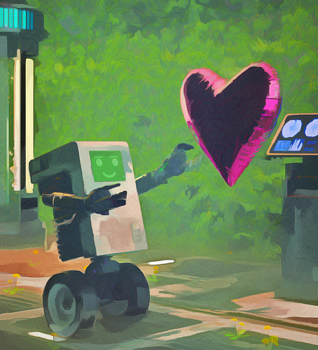 Scene of an unspecified sci-fi installation that has broken down and is being reclaimed by plants. The focus is a boxy robot on wheels. It has a screen showing a happy smiley face, and is reaching towards a heart-shaped balloon hanging in the air.