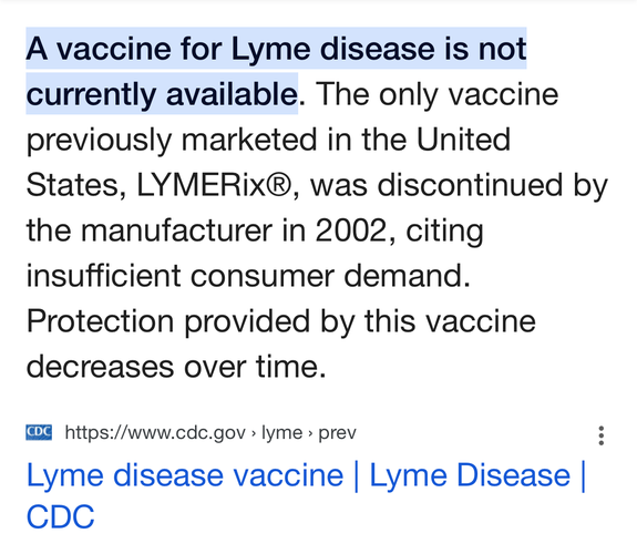 cropped screenshot of a google search

A vaccine for Lyme disease is not currently available. The only vaccine previously marketed in the United States, LYMERIx®, was discontinued by the manufacturer in 2002, citing insufficient consumer demand. Protection provided by this vaccine decreases over time.

https://www.cdc.gov > lyme > prev : Lyme disease vaccine | Lyme Disease | CDC 