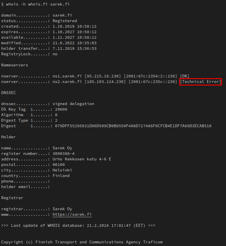 screenshot of the `whois -h whois.fi sarek.fi` response, showing a "Technical Error" for one of the two sarek.fi nameservers