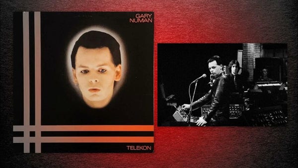 The cover of Gary Numan's album Telekon on the left, Gary's black haired floating head to the right of parallel intersecting red lines. On the right, a black and white photo of Gary and friends with some synths