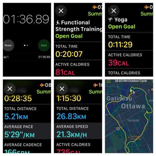 Six iOS screenshots:
1) Timer app showing 1:36:89
2) Apple Fitness Functional Strength training, 20 minutes
3)  Apple Fitness Yoga, 11 minutes
4) Apple Fitness Running Details
Total Time: 28:35
Total Distance: 5.21 KM
Average Pace: 5’29”/KM
5) Apple Fitness Cycling
Time: 1:15:30, Total Distance: 26.83km, Average Speed 21.3 km/hr
6) Map of the cycling route, starting in Bordeleau park, through Lowertown, across the Alexandria Bridge, along the Voyageurs pathway, over the Chief William Commanda Bridge, along the Trillium line, through the Arboretum, across the Hartwell Locks, along the Rideau Canal Eastern Pathway to Hog’s Back, then north along the Rideau River Eastern Pathway to the Minto Bridges, and ending in Bordeleau Park.