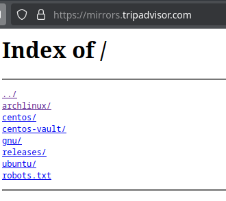 mirrors.tripadvisor.com via HTTPS showing a directory including a robots.txt file, folders for Arch Linux, CentOS, CentOS Vault, Ubuntu, and some generic folders named "GNU" and "Releases"