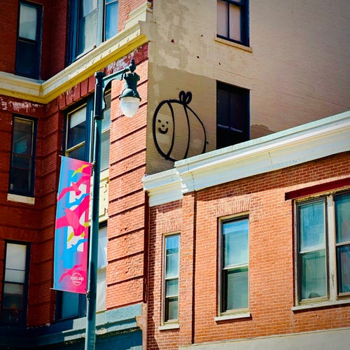 Graffiti of a smiling bumblebee on the side of a building, framed by a lower building and a lamppost. A colorful banner reads with seagulls reads “Portland Downtown”