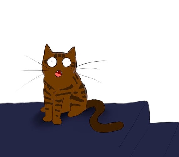 A cartoon of a tabby cat sitting at the top of some stairs, yelling.