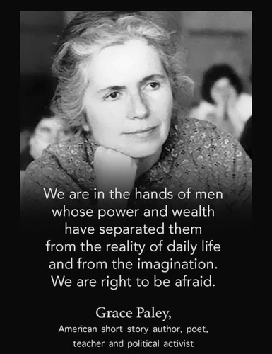 "We are in the hands of men whose power and wealth have separated them from the reality of daily life and from the imagination. We are right to be afraid."

-- Grace Paley, American short story author, poet, teacher and political activist 