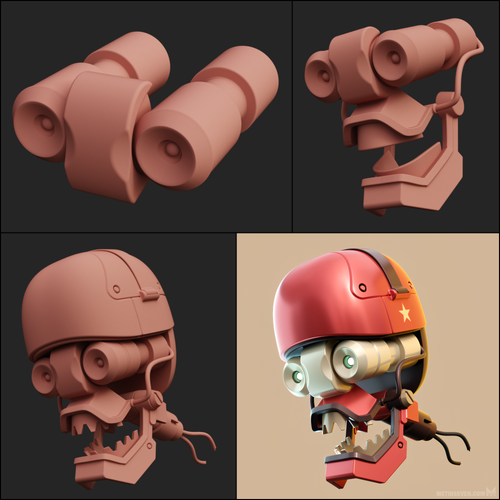 Four stages of a decapitated robot head under construction.