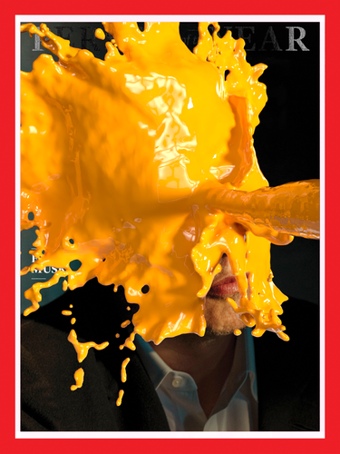 Elon Musk with cheese being splashed on his face