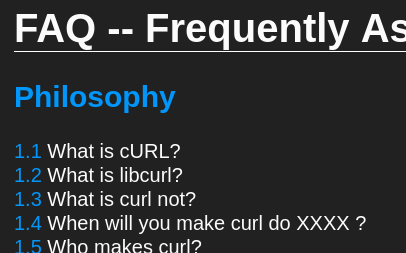 Cropped screenshot from the FAQ for curl (or is it cURL?). It starts with the items

1.1 What is cURL? (lower-case c, capital U, R, and L)
1.2 What is libcurl? (all lower-case)
1.3 What is curl not? (all lower-case)