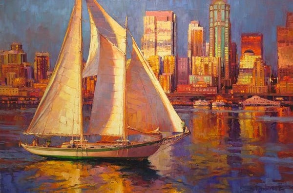 Art print of an original oil painting depicting a sailboat gliding by the skyline of Seattle, WA, at twilight.
