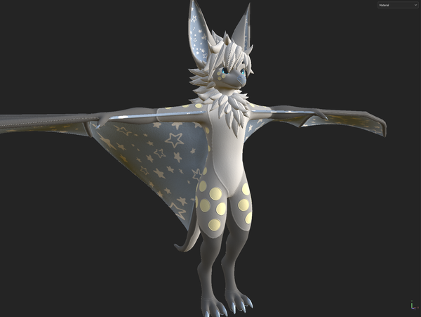 Screenshot of Fleece the bat standing in Substance painter, in plush mode. Stitching lines connect disparate colored panels of fabric, with stitching around each spot as well. The wings are light blue on the inside with a starry pattern, also inside the ears and a few metallic shiny ones on the nose.