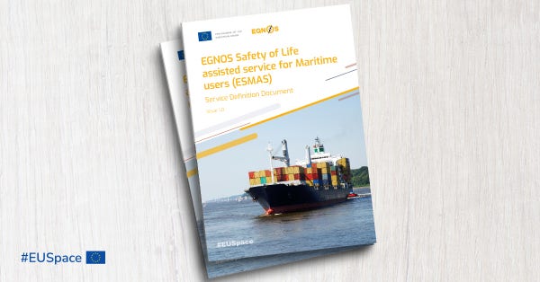 Promotional image for EGNOS Safety of Life assisted Service for Maritime users, picturing the cover of the Service Definition Document and the hasthtag #EUSpace with the EU flag
