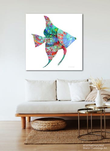 Colorful angel fish art in blues, coral and greens by artist Sharon Cummings
