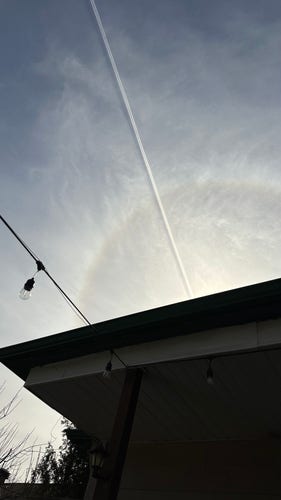 The halo and jet trail; sun blocked by roof.