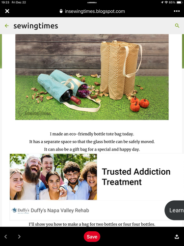 A photo of hand-sewn bags to carry soda or wine bottles.  Beneath that is a photo of diverse, happy young adults promoting an addiction treatment center in Napa, California.
