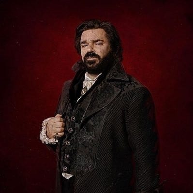 A promo shot of laszlo cravensworth, one of the main vampires characters in the tv adaptation of "what we do in the shadows"