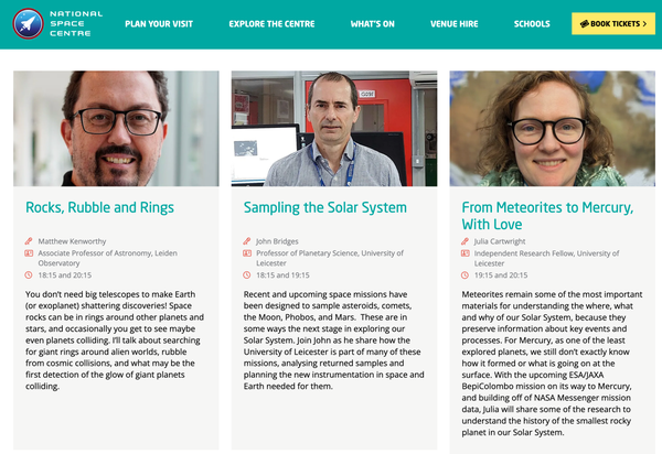 Photos of three scientists and descriptions of the talks for Space Lates.