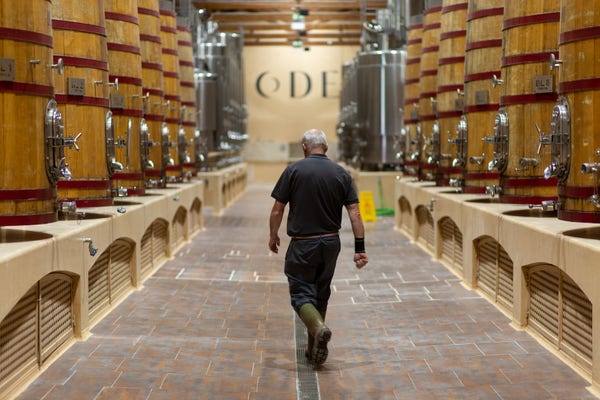 A person walking between rows of large wooden wine fermentation tanks in a winery.