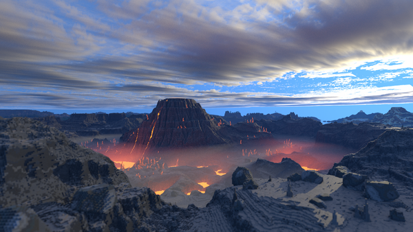 A volcano rises from a cratered looking landscape with glowing magma and smoke. Clouds streaked with low light lie above.