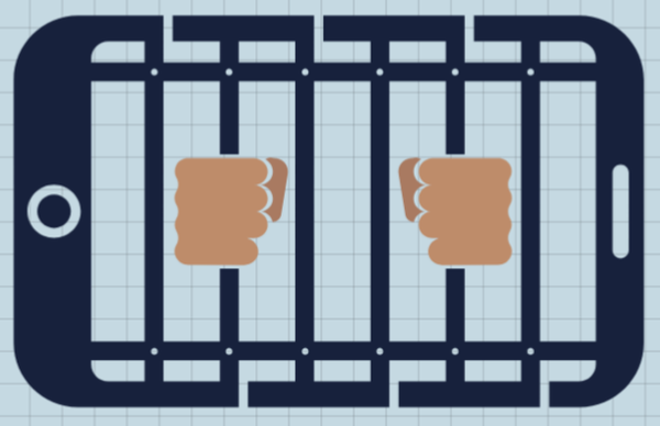 An icon of a smartphone that is showing prison bars on the screen with two fists clenching them.