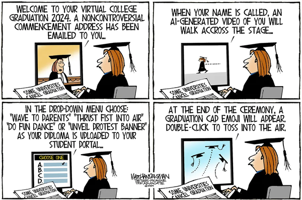 four panel cartoon showing a graduate student watching  on line instruction about options for the virtual graduation ceremony at their university/college because of ongoing student protests and the schools inability to cope rationally with them