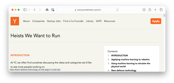 edited screenshot of y combinator’s request for startups, only now it reads “Heists We Want to Run”