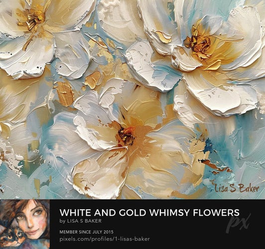 Several creamy white and golden flowers are depicted with visible thick brushstrokes that create a sense of movement and texture. A soft blue and white background complements the warm tones of the blossoms.