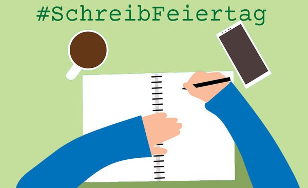#Schreibfeiertag: eine Illustration einer schreibenden Person, mit einer Tasse Kaffee, einem Notizbuch und einem Handy
