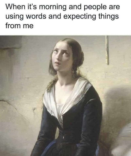 Meme of an annoyed woman rolling her eyes. On the top there is the text "When it's morning and people are using words and expecting things from me."