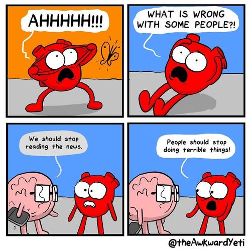 A comic of a heart and a brain

Heart: Ahhhhhhh What is wrong with some people?!

Brain: We should stop reading the news.

Heart: People should stop doing terrible things!
