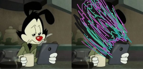 Yakko from Animaniacs looking into a phone and drinking coffee, looking tired. On the second panel, he's been whacked in the face by a stream if green and purple on a starry sky. 