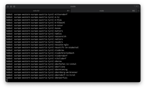 A screenshot of a node script running