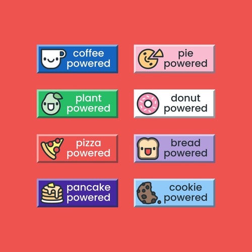 8 “Powered” badges in 88x31 (coffee, pie, plant, donut, pizza, bread, pancake, cookie)