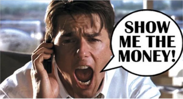 Jerry Maguire (Tom Cruise) shouting down the phone, “Show me the money!”