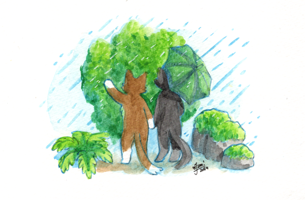 A watercolour painting of two cats walking in the rain, having stopped to admire a mossy wall