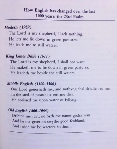 How English has changed over the last 1000 years 

Modern (1989) The Lord is my shepherd, I lack nothing. He lets me lie down in green pastures. He leads me to still waters.

 King James Bible (1611) The Lord is my shepherd, I shall not want. He maketh me to lie down in green pastures. He leadeth me beside the still waters. 

Middle English (1100-1500) Our Lord gouerneth me, and nothyng shal defailen to me. In the sted of pastur he sett me ther. He norissed me upon water of fyllyng. 

Old English (800-1066) Drihten me raet, ne byth me nanes godes wan. And he me geset on swythe good feohland. And fedde me be waetera stathum. e 
