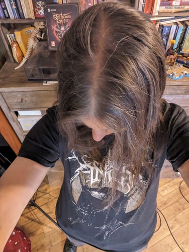 A white person with long, greying brown hair takes a photo of themselves from above, head bowed.

They are wearing a black tee-shirt showing the head of a figure wearing a black chain mail veil and a black spiked crown, set against a golden disc. Ancst's logo is picked out in white at the top.