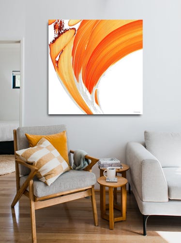 Orange abstract wave painting on crisp white by artist Sharon Cummings.