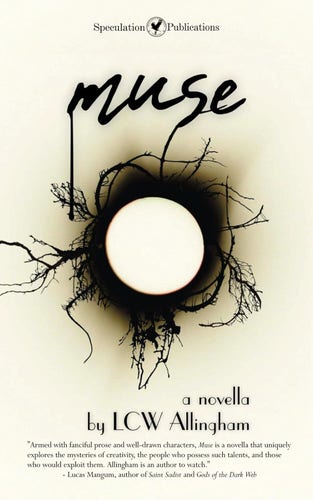Cover - Muse by LCW Allingham - a white circle surrounded by black with roots branching out in all directions on a tan background
