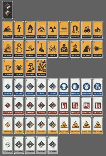 Tarot deck made out of ISO hazard symbols. I have no idea what the subsets of cards in these decks are, they just look neat.