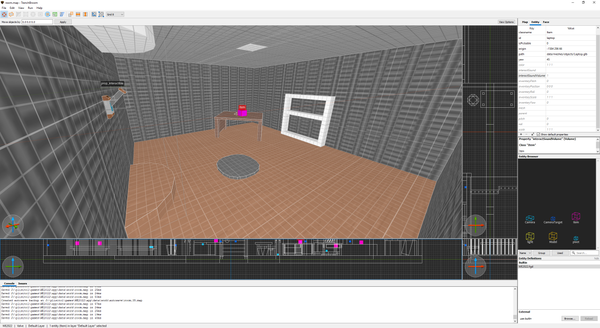 A screenshot showing a room in Trenchbroom, with a desk and some shelves