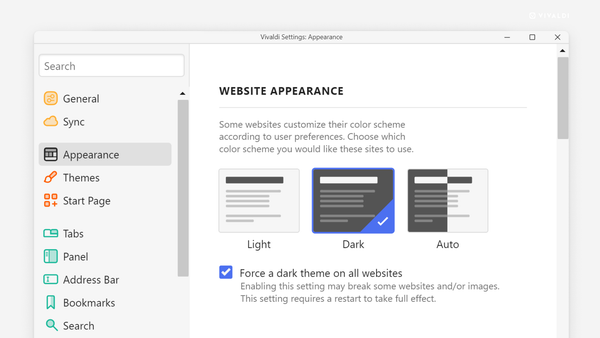 Zoomed in image of Vivaldi browser settings showing the website appearance settings and color themes