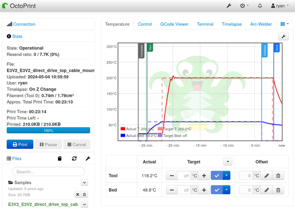 Screenshot of OctoPrint, having recently finished a print successfully. The graph goes from about 30 minutes ago, showing a 23:14 print. There are time-based event markers for Connected, Start, Cooldown and Done.