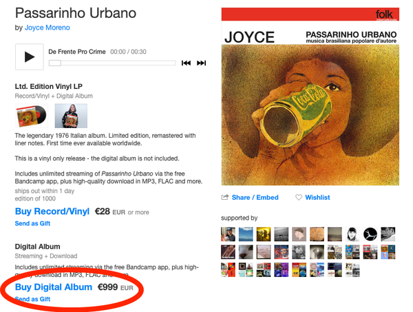 a screenshot from bandcamp showing the page for the album Passarinho Urbano by Joyce Moreno. At the bottom left corner is the link for buying the digital copy for 999 euros. Wow, haha. The vinyl record is 28.