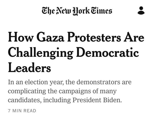 Text from The New York Times with the headline "How Gaza Protesters Are Challenging Democratic Leaders" followed by a subheading.