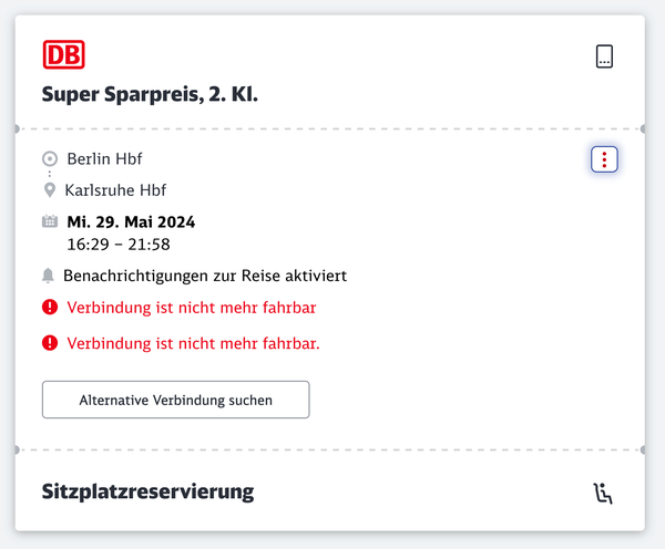 Screenshot of my Berlin -> Karlsruhe Connection, "notifications enabled" but "connection not available".