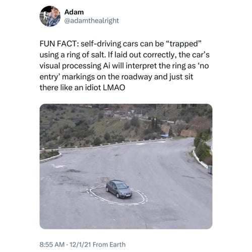 Screenshot of a post by Adam @adamthealright: 

FUN FACT: self-driving cars can be "trapped" using a ring of salt. If laid out correctly, the car's visual processing Ai will interpret the ring as 'no entry' markings on the roadway and just sit there like an idiot LMAO 

[photo of a car on road pavement with a white solid line circle and a white dotted line circle around it] 

8:55 AM • 12/1/21 From Earth