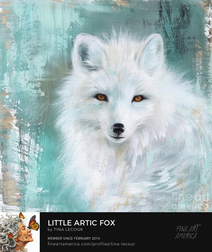 This is a portrait of a beautiful white artic fox with striking yellow eyes on a teal textured background. 
