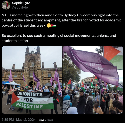 
Sophie Fyfe
@sophfyfe
NTEU marching with thousands onto Sydney Uni campus right into the centre of the student encampment, after the branch voted for academic boycott of Israel this week 

So excellent to see such a meeting of social movements, unions, and students action